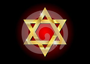 Vector gold symbol of Judaism religion, Golden Star of David , Pentagram or black and red background