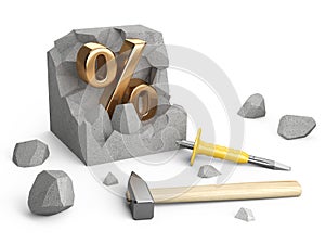 A gold percentage sign inside a concrete block with a hammer and a chisel nearby. Discount concept