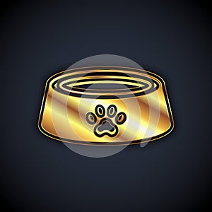 Gold Pet food bowl for cat or dog icon isolated on black background. Dog or cat paw print. Vector