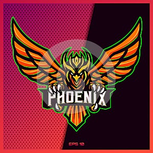 Gold Phoenix grab text esport and sport mascot logo design in modern illustration concept for team badge, emblem and thirst