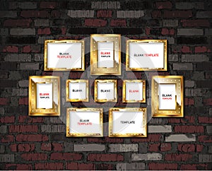 Gold photo frames on a brick wall background