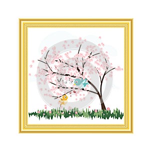 Gold picture frame with cute birds and flower tree vector on white background