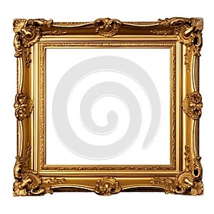 Gold picture frame isolated over transparent white background. Landscape horizontal antique old golden baroque frame