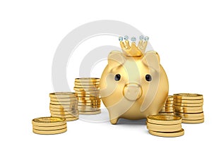 Gold piggy bank with gold coin stacks.3D illustration