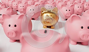 A gold piggy bank money box standing out from a crowd. 3D Rendering