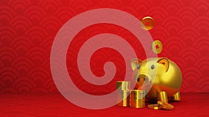 Gold piggy bank Step Stage Podium  Stage backdrop Chinese style . 3d rendering