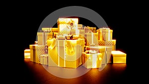 gold pile of surprise gift boxes for christmas or black friday give-away, isolated - object 3D rendering