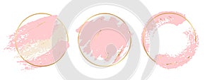 Gold pink background. Circle gold frames with pastel pink brushes elements. Vector brush strokes banners template