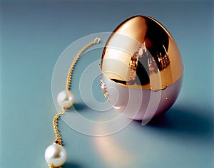 A gold and pink metallic Easter egg on a blue background with pearls, FabergÃ© egg, Easter postcard, AI Generated photo