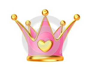 Gold and pink princess crown with heart isolated on white. Clipping path included