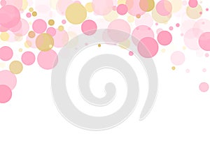 Gold, pink and rose color round confetti dots, circles chaotic scatter.