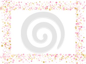 Gold, pink and rose color round confetti dots, circles scatter on white. Glamourous bokeh background.