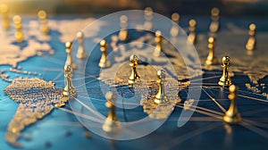 Gold pins and thread scattered on a dark map showing paths and connections photo