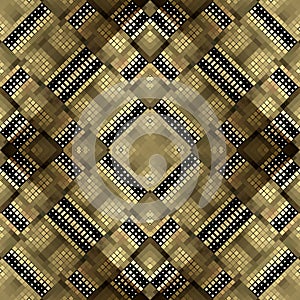 Gold pixel halftone squares seamless pattern. Golden checkered half tone background. Modern pixelated repeat backdrop. Luxury