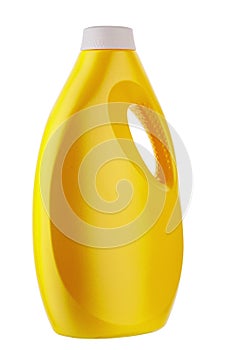 Gold plastic bottle for liquid laundry detergent, cleaning agent, bleach or fabric softener isolated on white background