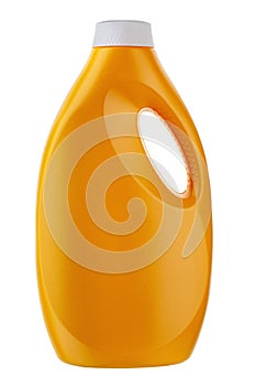 Gold plastic bottle for liquid laundry detergent, cleaning agent, bleach or fabric softener isolated on white background