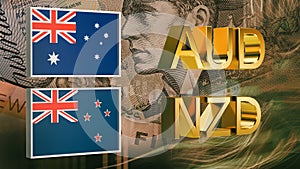 Gold plated AUD and NZD symbols along with the flags of Australia and New Zealand against the background of banknotes. 3D renderin