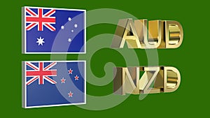 Gold plated AUD and NZD symbols along with the flags of Australia and New Zealand on a neutral green background. Finance concept.