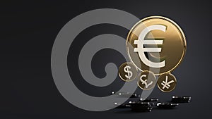 Gold-plated coin with the euro symbol takes precedence over coins with symbols of other currencies on a gray background. photo