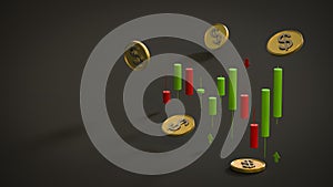 Gold-plated coins with a dollar symbol and a stylized candlestick chart on a gray background. The concept of the financial market