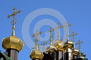 Gold-plated domes with crosses of wooden Russian Orthodox Christian Church of St. Nicholas in Ganina Yama Monastery.