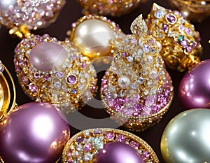 Gold-plated FabergÃ© eggs set in gold and purple colours, Luxury Easter gift, gold, diamonds, pearls, silver, puprle, AI Generated photo