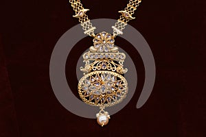 Gold plated jewelry - Fancy Designer golden long neck-set with heavy pendant
