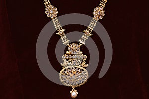 Gold plated jewelry - Fancy Designer golden long neck-set with heavy pendant