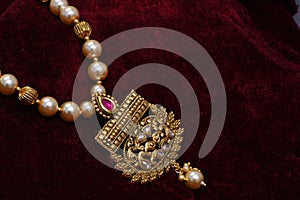 Gold plated jewelry -Fancy Designer golden long pendant neck-set macro image