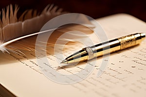 Gold-plated pen resting on leather-bound journal. Generative AI