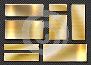 Gold plates. Realistic golden metal banners. 3D screwed boards on transparent background. Planks with glisten metallic
