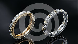 Gold and platinum diamond rings with diamonds surrounding the ring. Ring design on black glass surface with 3D