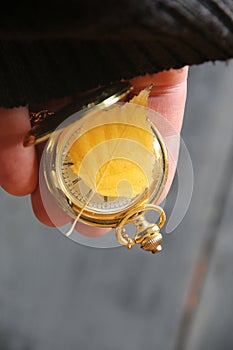 Gold pocket watch and autumn leaf. October, November idea.