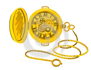 Gold pocket watch with chain. Vector drawn illustration.