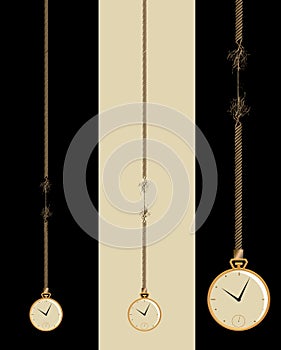 A gold pocket watch is seen in three versions, dangling on a frayed cord that is about to break