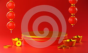 Gold Podium, Lantern and Chinese Gold Coin Ingot. Blank Space Mockup Red Background 3D Rendering