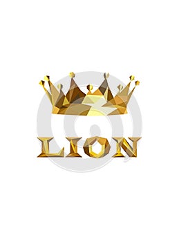 Golden poligonal king crown. Low poly lion logo.