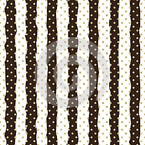 Gold polka dot on trendy background of white and black stripes seamless pattern. Golden foil confetti. Elegant pattern