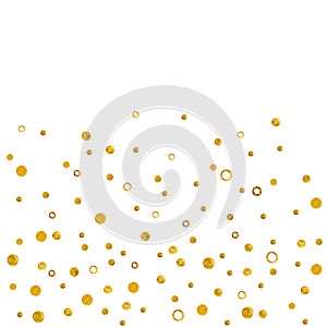 Gold polka dots splatter circle like snowfall.Confetti Gold color Christmas watercolor illustration isolated on background.Design