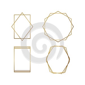 Gold polygonal frame with golden glitter square, circle, rectangle, pentagon, hexagon, ellipse, romb, geometric, diamond shapes.