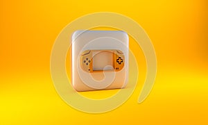 Gold Portable video game console icon isolated on yellow background. Gamepad sign. Gaming concept. Silver square button