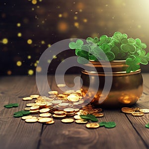 Gold pot filled with shamrocks and coins is placed on wooden table. The pot has an interesting design, featuring