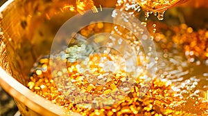 Gold Pouring into Bucket in Bokeh Panorama Style