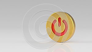 Gold Power button sign with red glow lines isolated on gray white background. Turn on or turn off. Energy start and stop concept.