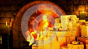 gold present boxes pile and shining fireplace for christmas - abstract 3D rendering