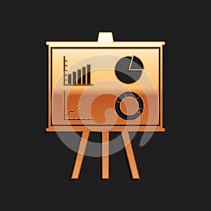 Gold Presentation financial business board with graph, chart, diagram, pie graph icon isolated on black background