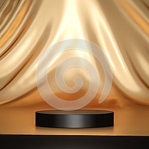 Gold product background stand or podium pedestal on luxury advertising display with blank backdrops. 3D rendering