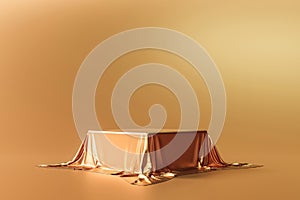 Gold product background stand or podium pedestal on luxury advertising display with satin backdrops. 3D rendering