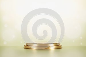Gold product display or podium pedestal on advertising background with blank backdrops. 3D rendering