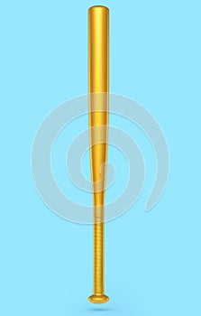 Gold professional softball or baseball bat isolated on blue background.